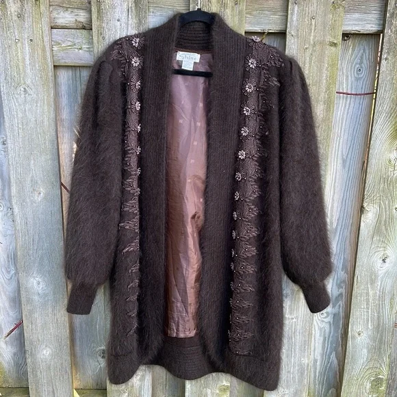 Vintage Angora Beaded Duster Cardigan • Dark Academia Romantic Goth - Picture 1 of 10